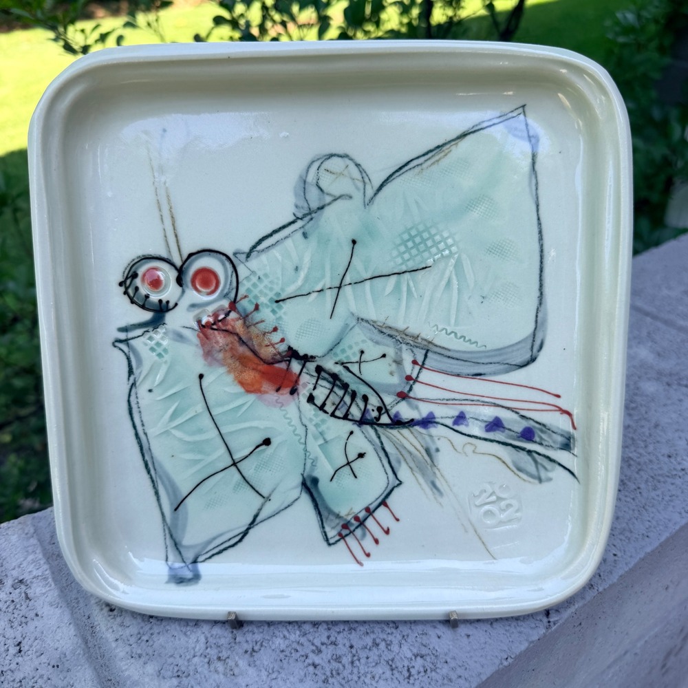 Jim Reno Pottery Abstract Square Plate Hand Painted Signed Ceramic Bug Frog 2002